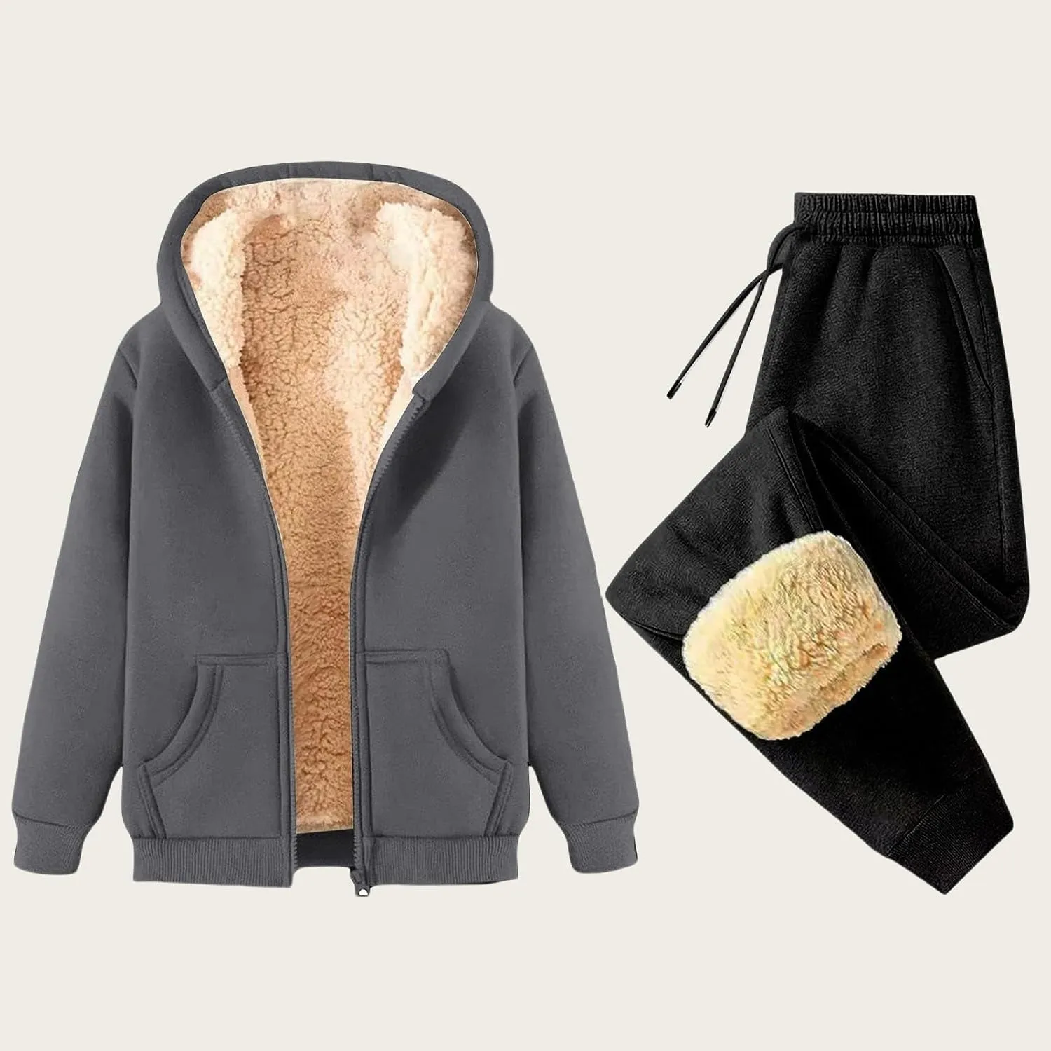 Canbebig 2 Piece Outfits Women Sherpa Fleece Lined Sweatsuits Zip Up Hoodie and Sweatpants Sets Matching Sets Warm Sets