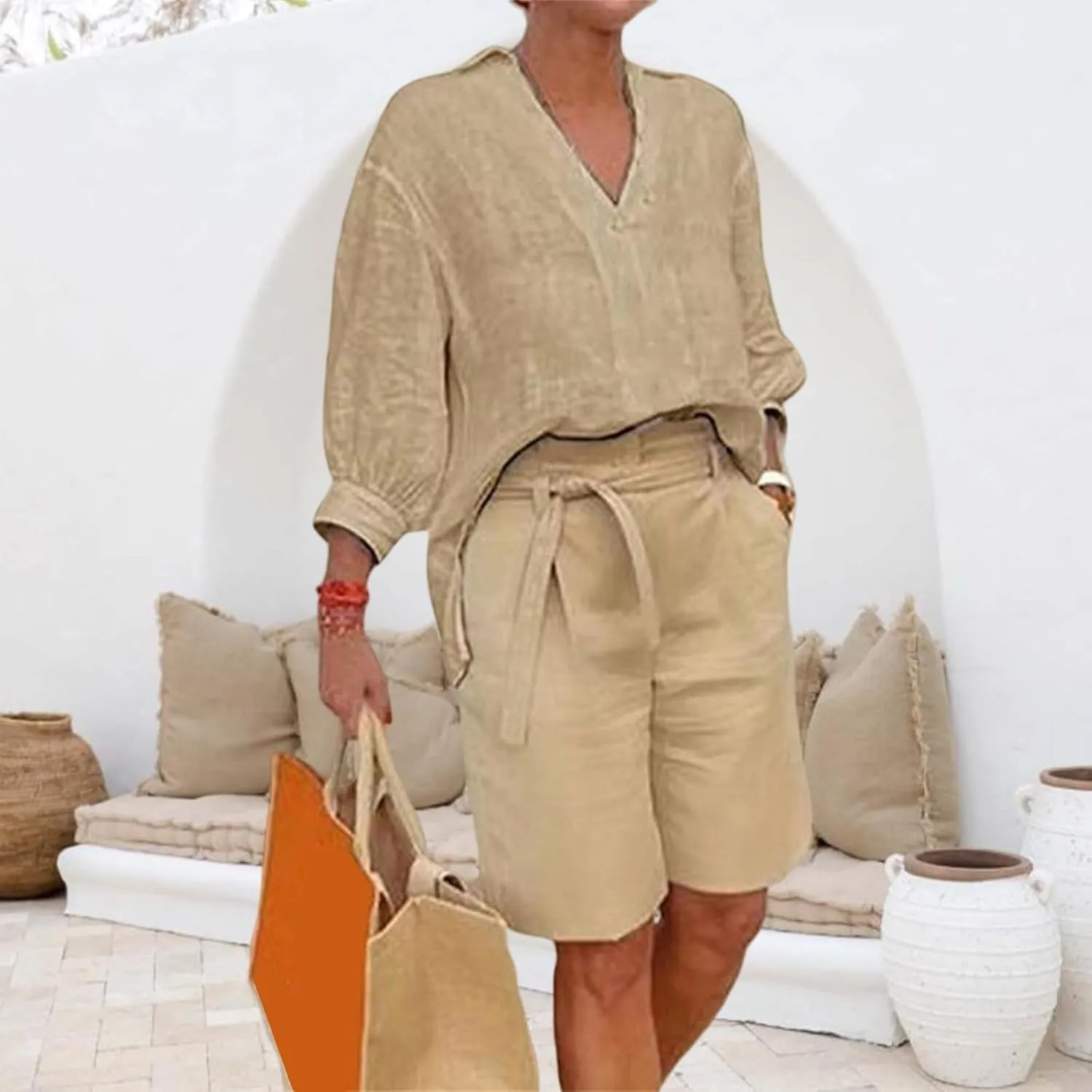 Canbebig Womens 2 Piece Sets Cotton Linen Sets 3/4 Sleeve V Neck Top and High Waisted Shorts Sets Matching Sets with Pockets