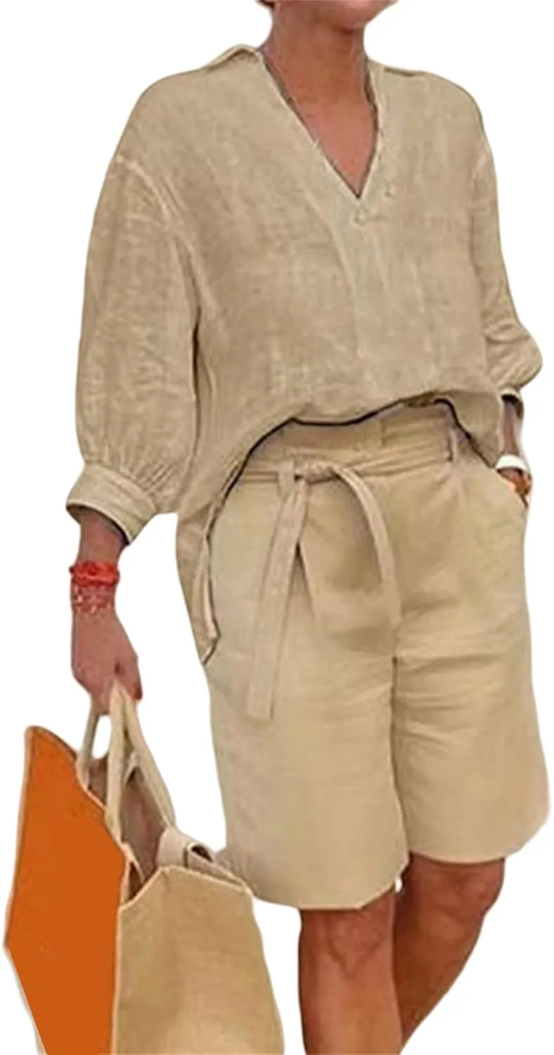 Canbebig Womens 2 Piece Sets Cotton Linen Sets 3/4 Sleeve V Neck Top and High Waisted Shorts Sets Matching Sets with Pockets