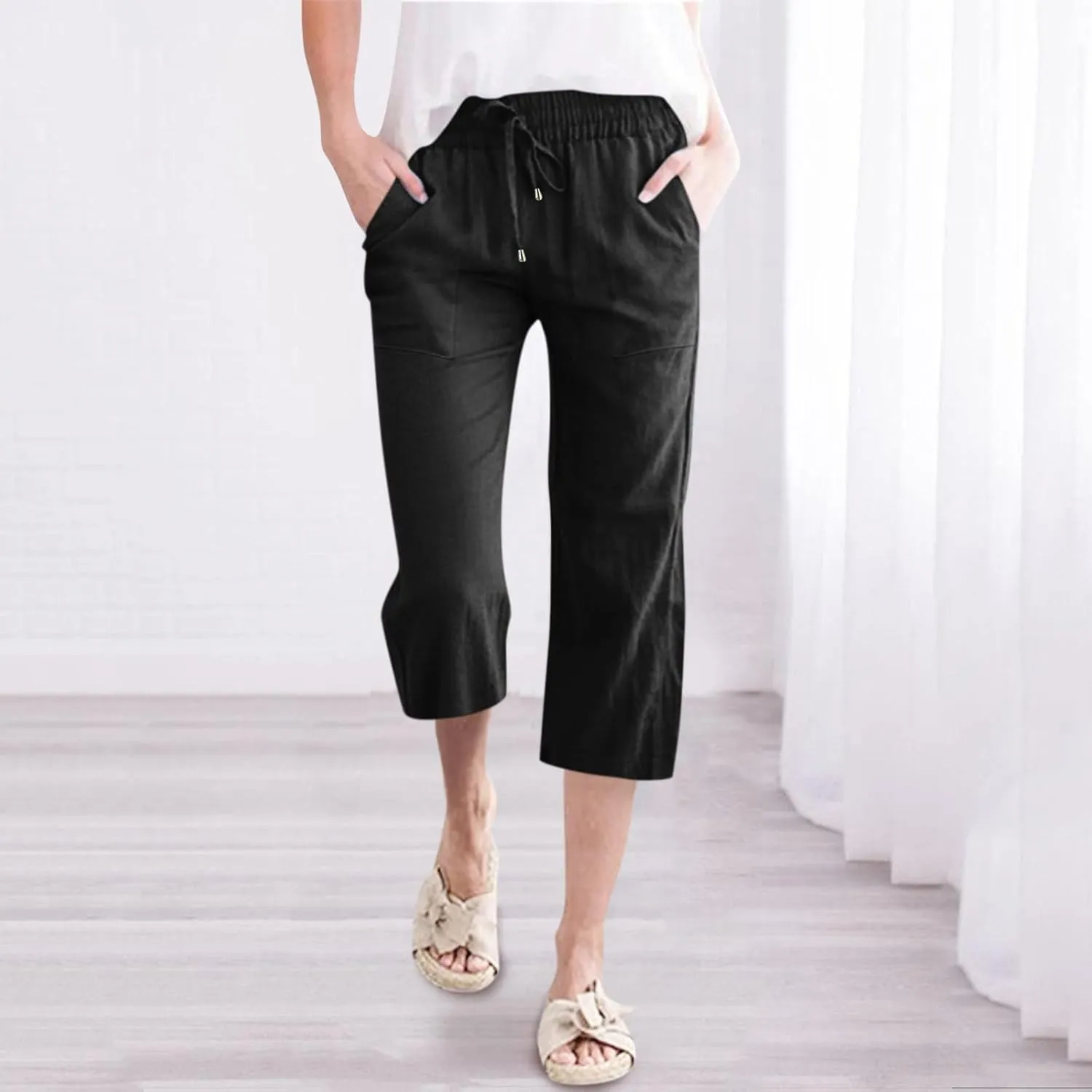 Capri Pants for Women Linen Casual Summer Wide Leg Lightweight High Waisted Cropped Trousers Palazzo Pants
