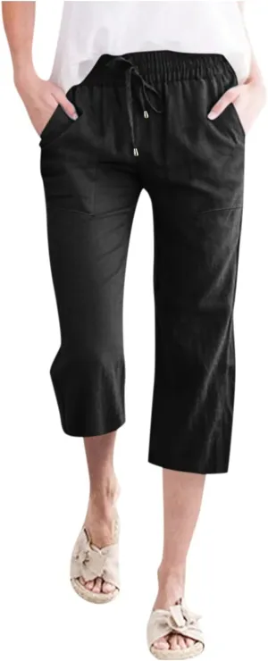 Capri Pants for Women Linen Casual Summer Wide Leg Lightweight High Waisted Cropped Trousers Palazzo Pants
