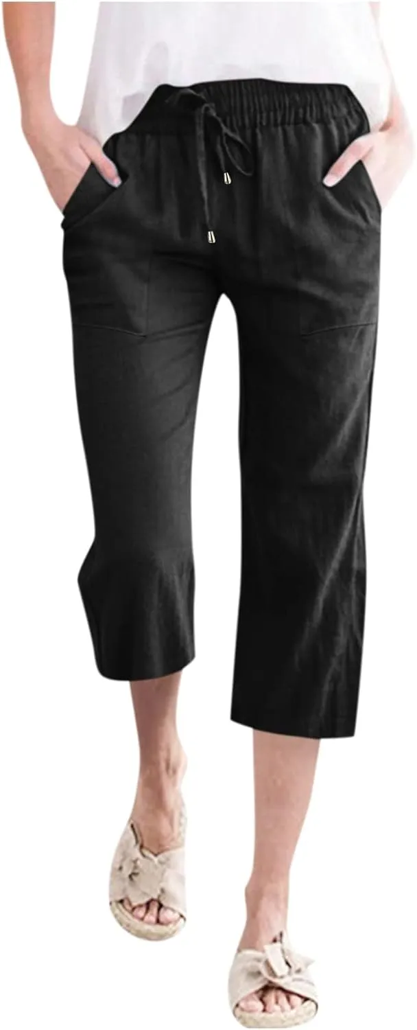 Capri Pants for Women Linen Casual Summer Wide Leg Lightweight High Waisted Cropped Trousers Palazzo Pants