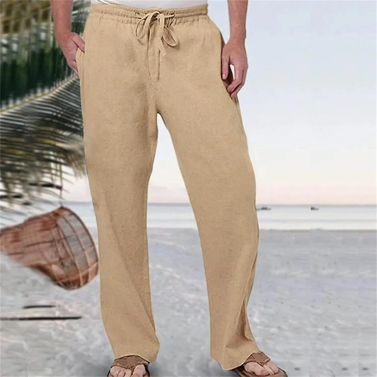 Casual Linen Pants for Men Breathable Loose and Light Sports Yoga Pants Summer Long Trousers with Pockets