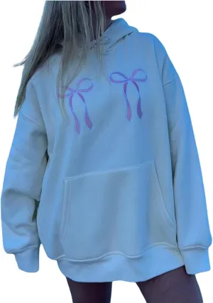 cochineal Preppy Embroidery Hoodie for Teen Girls Cute Graphic Oversized Hooded Sweatshirt Y2k Aesthetic Bow Pullover Shirt