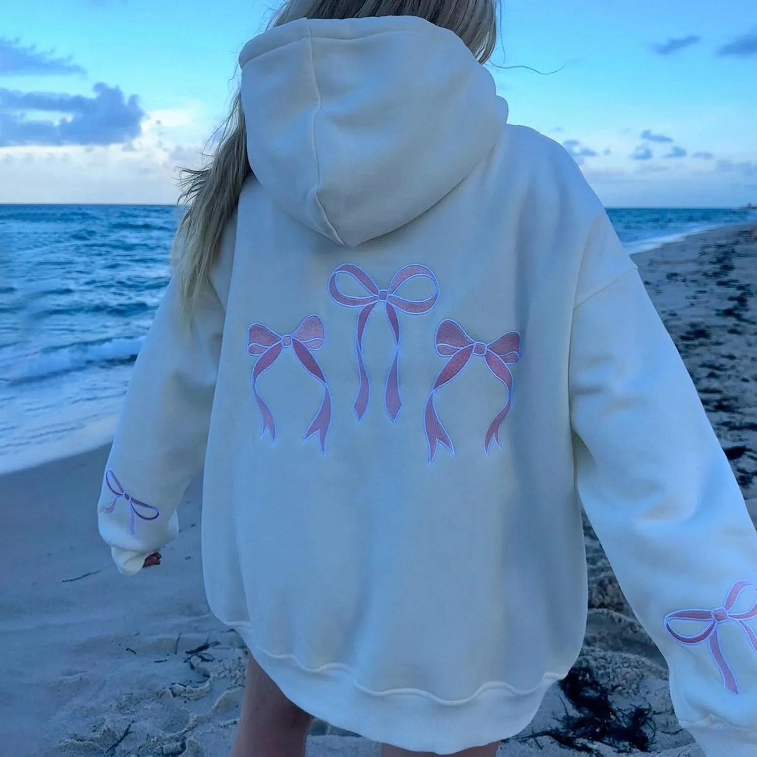 cochineal Preppy Embroidery Hoodie for Teen Girls Cute Graphic Oversized Hooded Sweatshirt Y2k Aesthetic Bow Pullover Shirt