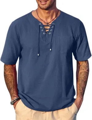 COOFANDY Men Casual Cotton Linen T Shirt Short Sleeve Beach Lace Up Hippie Shirt Yoga Renaissance Tunic