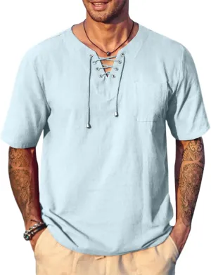 COOFANDY Men Casual Cotton Linen T Shirt Short Sleeve Beach Lace Up Hippie Shirt Yoga Renaissance Tunic