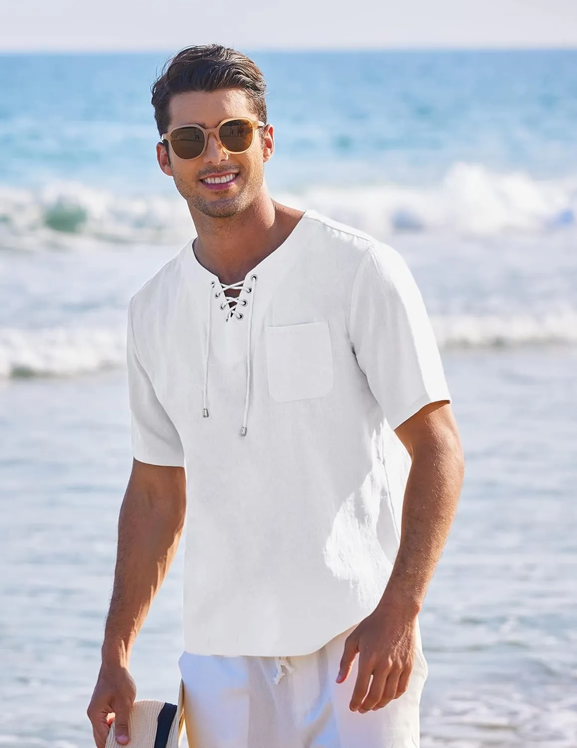 COOFANDY Men Casual Cotton Linen T Shirt Short Sleeve Beach Lace Up Hippie Shirt Yoga Renaissance Tunic
