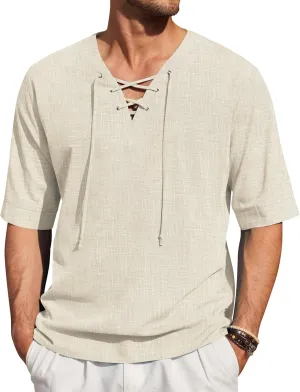 COOFANDY Men Linen Cotton Shirt Beach Lace Up V Neck Shirts Hippie Viking Meditation Tunic