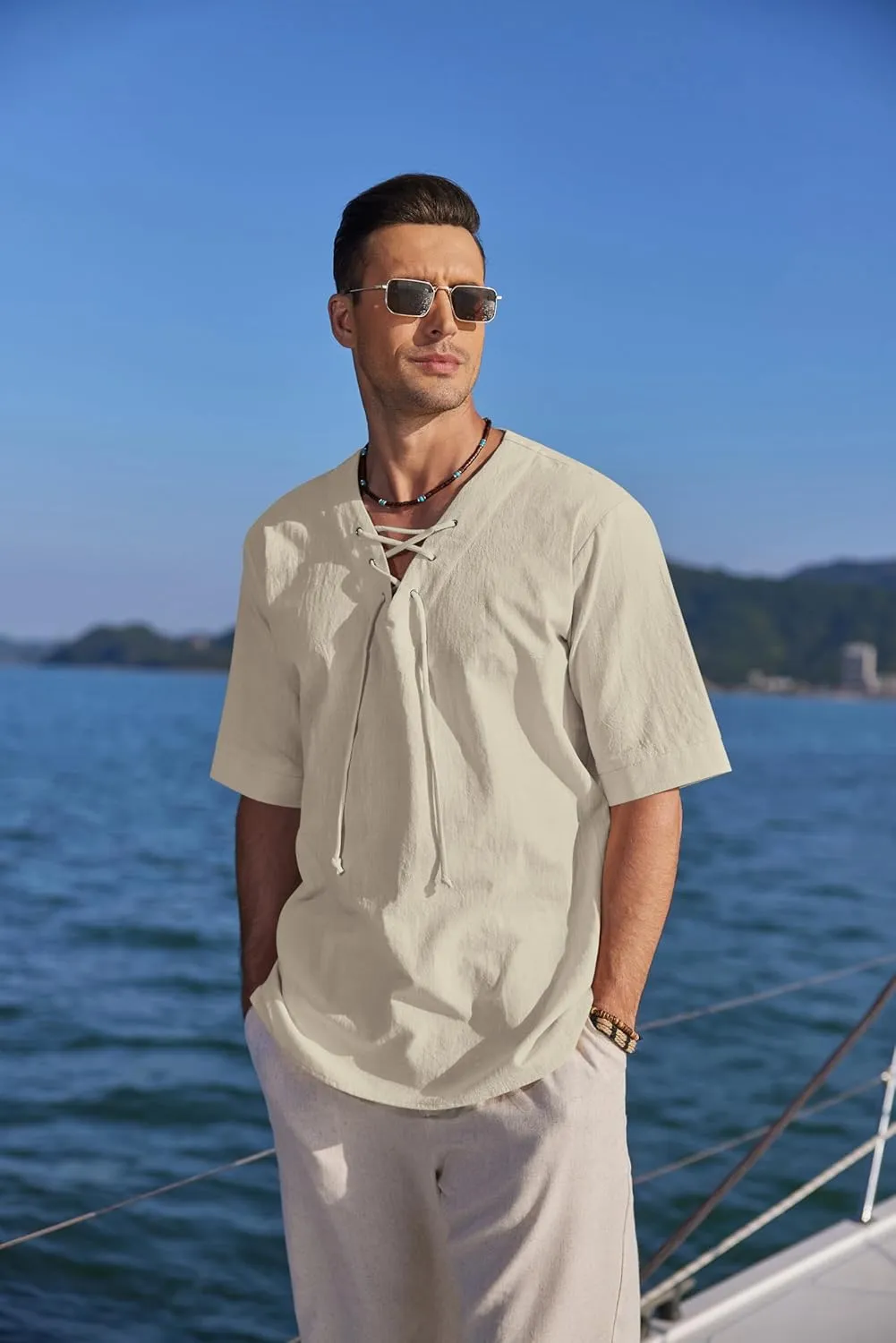 COOFANDY Men Linen Cotton Shirt Beach Lace Up V Neck Shirts Hippie Viking Meditation Tunic