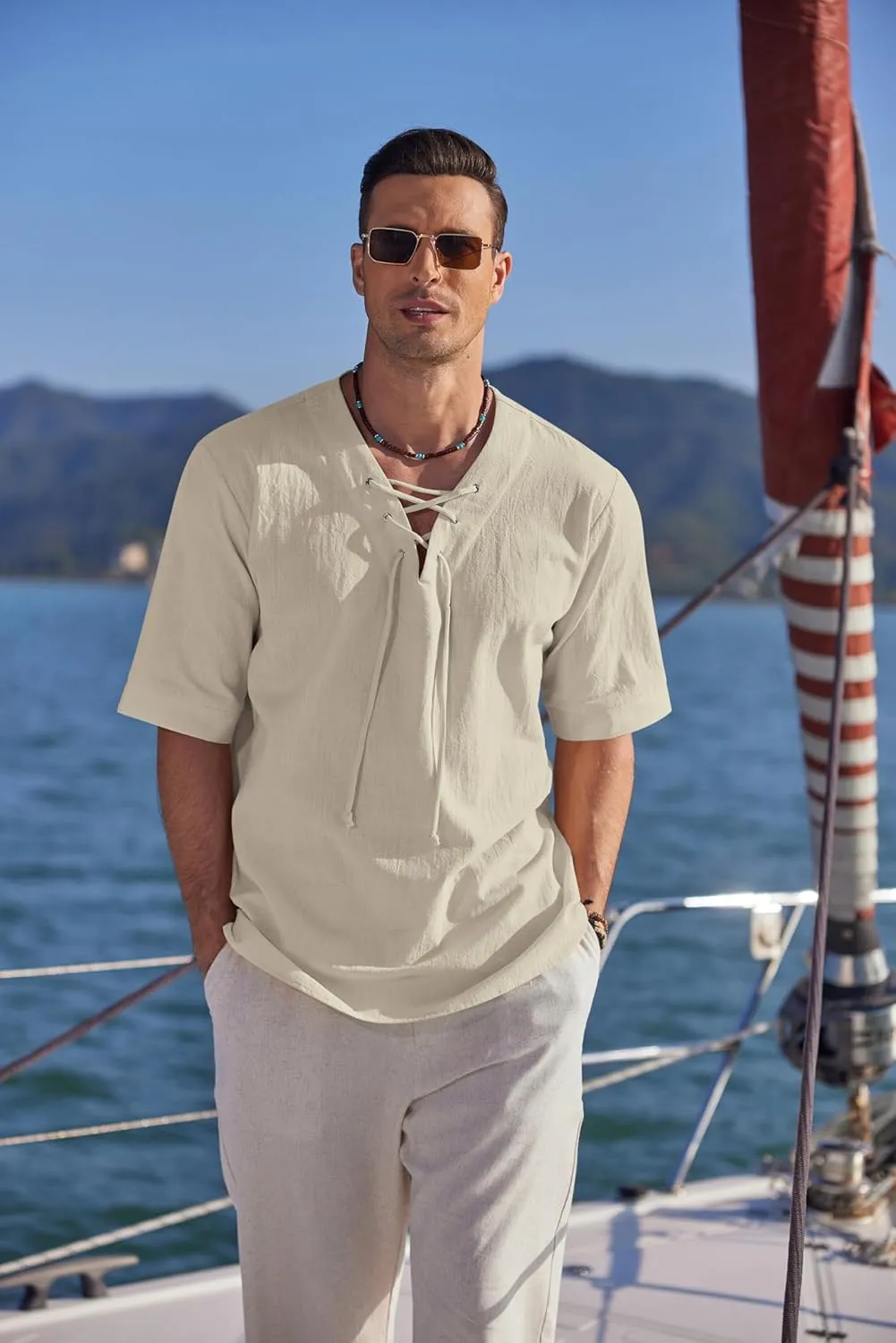 COOFANDY Men Linen Cotton Shirt Beach Lace Up V Neck Shirts Hippie Viking Meditation Tunic