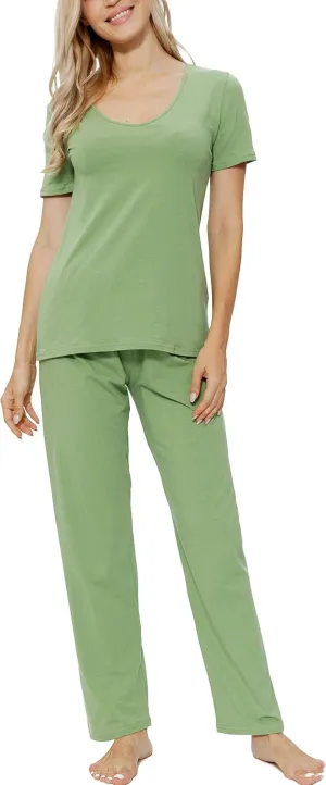 Cotton Pajamas for Women Two Piece Pajama Set Short Sleeve V-neck Tops with Long Pants