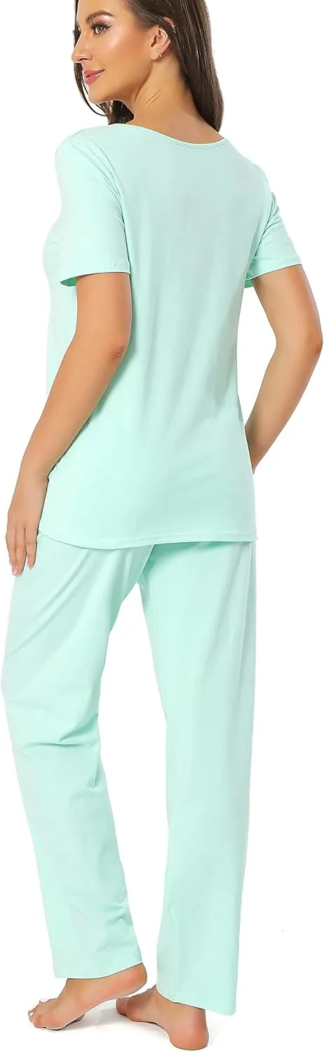 Cotton Pajamas for Women Two Piece Pajama Set Short Sleeve V-neck Tops with Long Pants