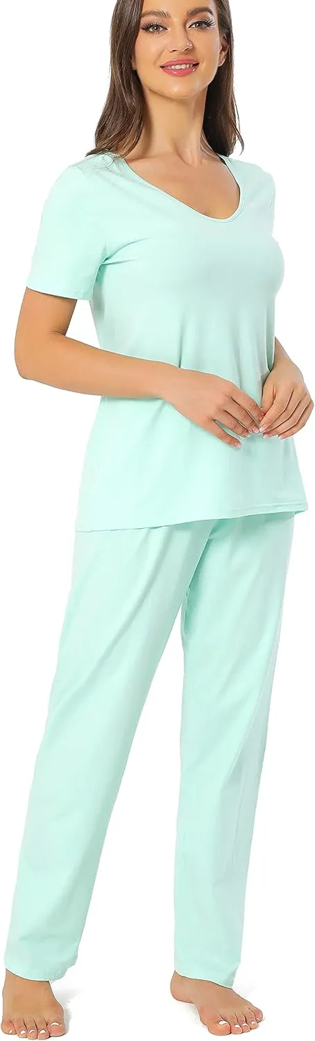 Cotton Pajamas for Women Two Piece Pajama Set Short Sleeve V-neck Tops with Long Pants