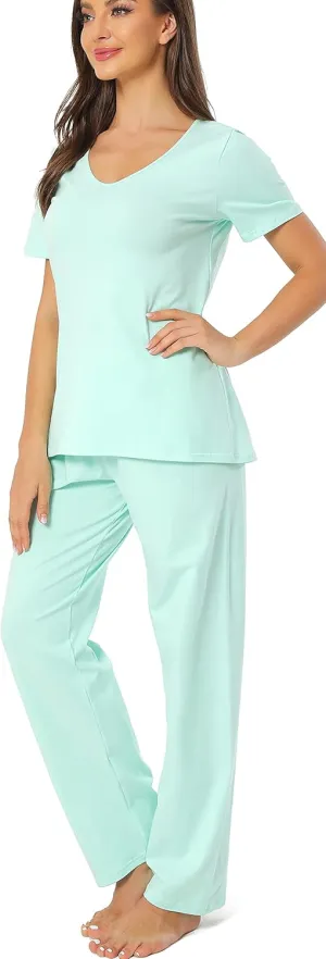 Cotton Pajamas for Women Two Piece Pajama Set Short Sleeve V-neck Tops with Long Pants