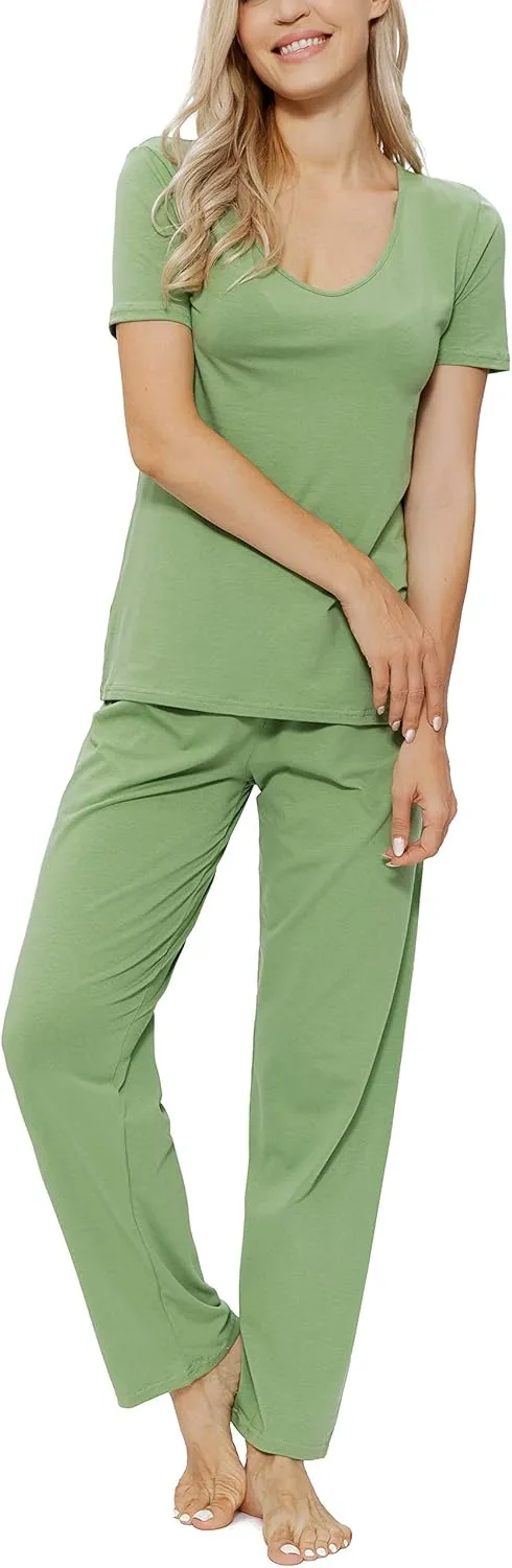 Cotton Pajamas for Women Two Piece Pajama Set Short Sleeve V-neck Tops with Long Pants