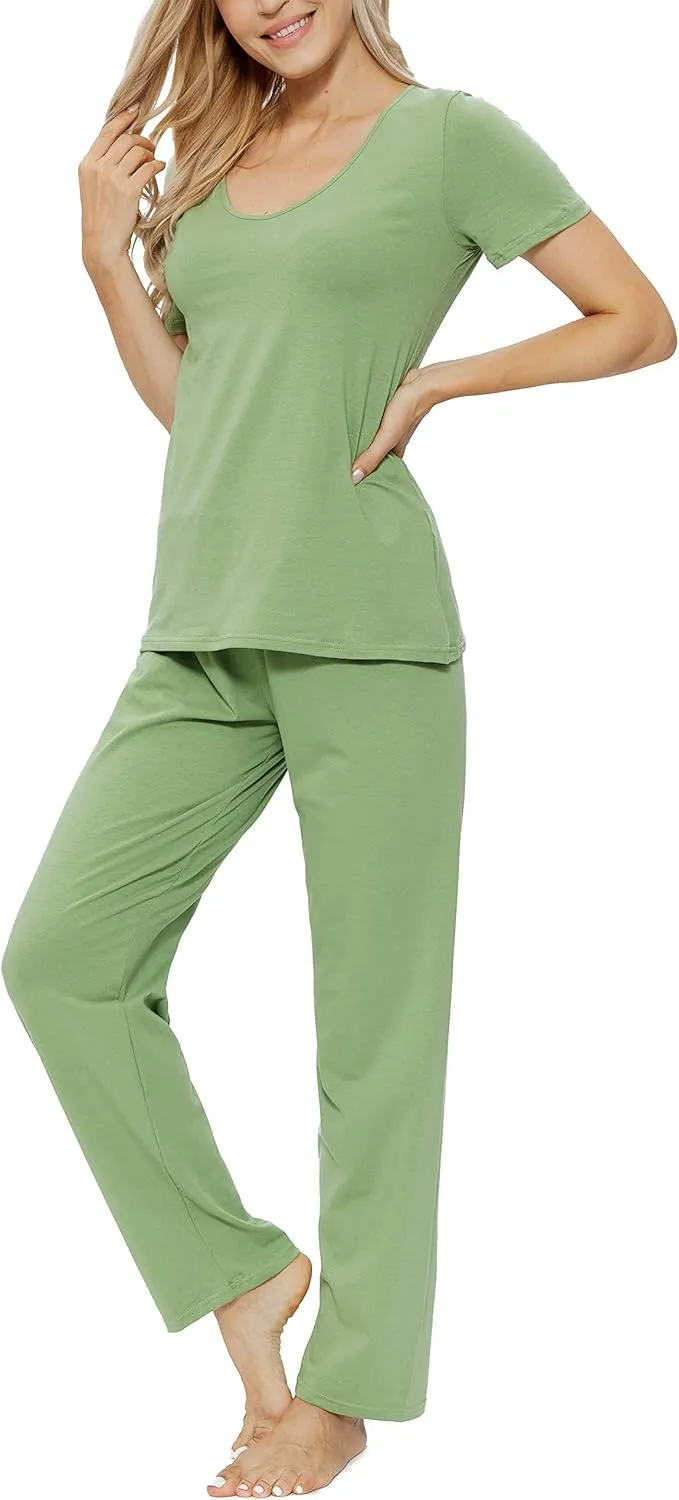 Cotton Pajamas for Women Two Piece Pajama Set Short Sleeve V-neck Tops with Long Pants