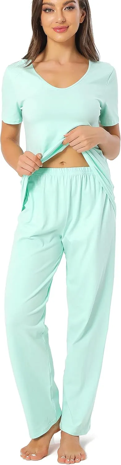 Cotton Pajamas for Women Two Piece Pajama Set Short Sleeve V-neck Tops with Long Pants