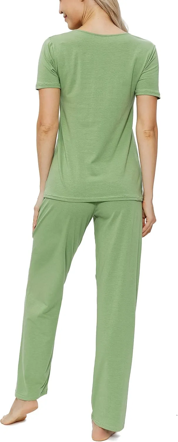 Cotton Pajamas for Women Two Piece Pajama Set Short Sleeve V-neck Tops with Long Pants