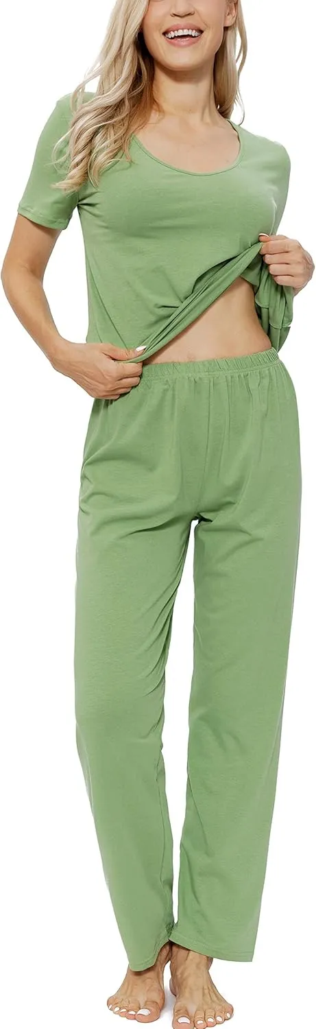Cotton Pajamas for Women Two Piece Pajama Set Short Sleeve V-neck Tops with Long Pants