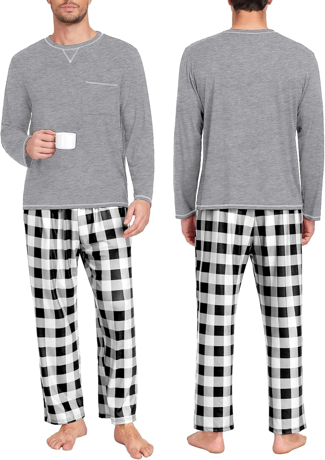 Couples Christmas Pajamas Set Buffalo Plaid Pants with Pockets Womens Mens Long Sleeve Sleepwear for Family