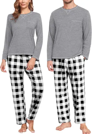 Couples Christmas Pajamas Set Buffalo Plaid Pants with Pockets Womens Mens Long Sleeve Sleepwear for Family