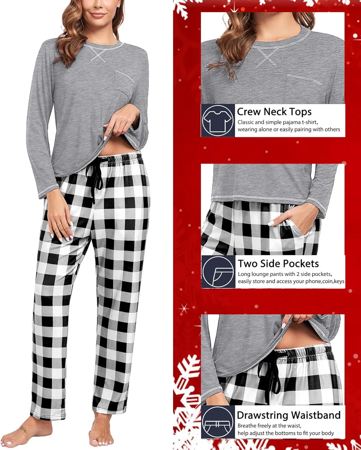 Couples Christmas Pajamas Set Buffalo Plaid Pants with Pockets Womens Mens Long Sleeve Sleepwear for Family