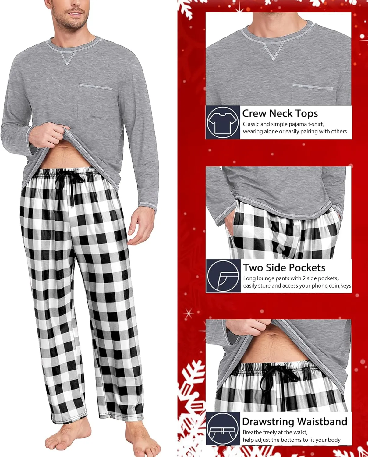 Couples Christmas Pajamas Set Buffalo Plaid Pants with Pockets Womens Mens Long Sleeve Sleepwear for Family