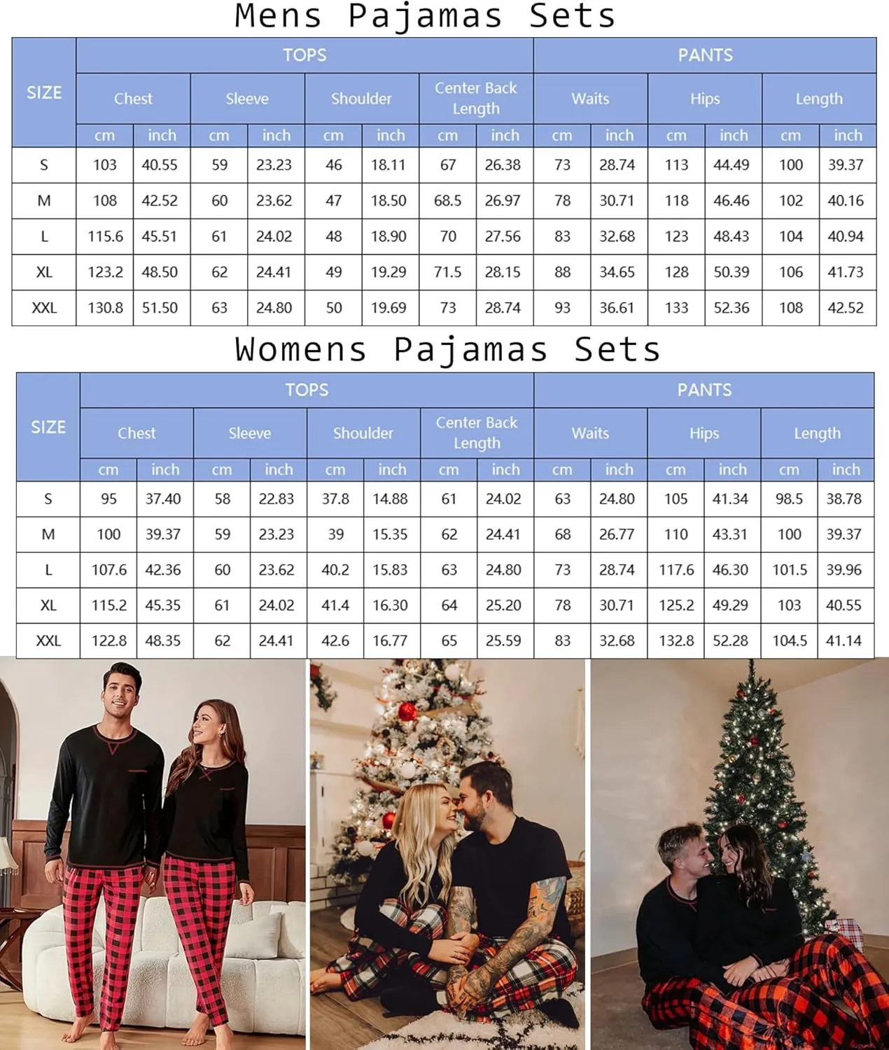 Couples Christmas Pajamas Set Buffalo Plaid Pants with Pockets Womens Mens Long Sleeve Sleepwear for Family