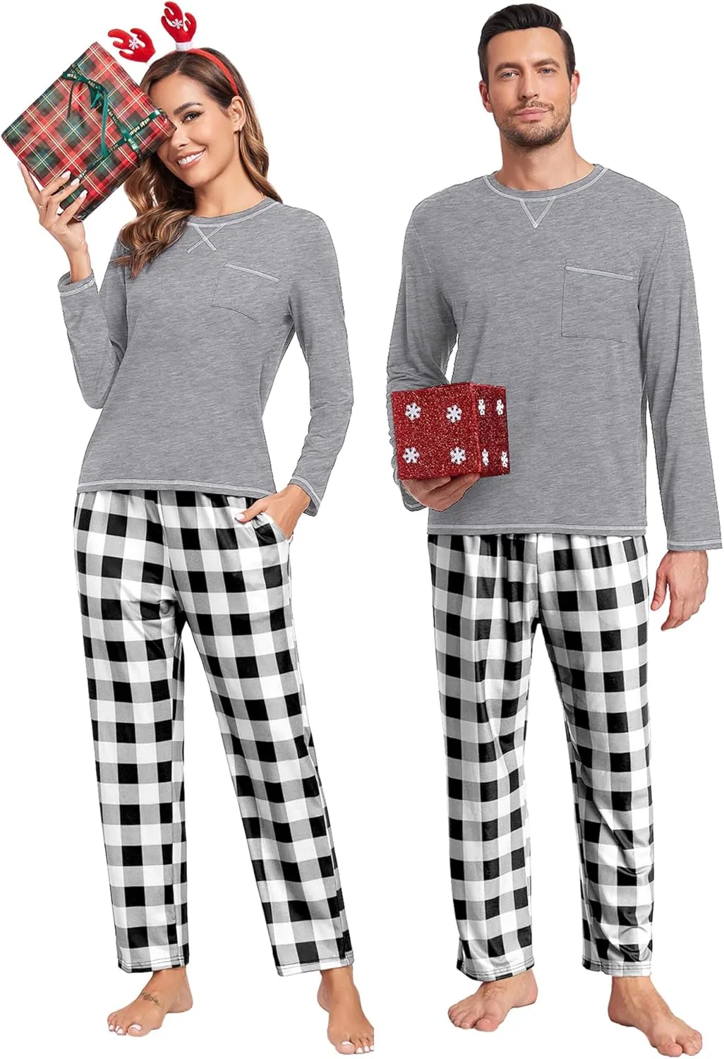 Couples Christmas Pajamas Set Buffalo Plaid Pants with Pockets Womens Mens Long Sleeve Sleepwear for Family