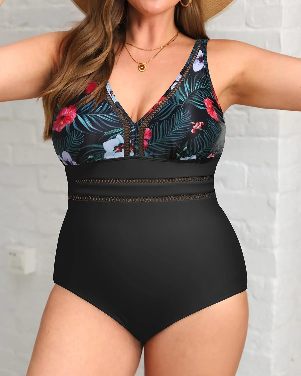 Daci Women Plus Size One Piece Swimsuits Sexy Hollow Out Bathing Suit V Neck Swimwear