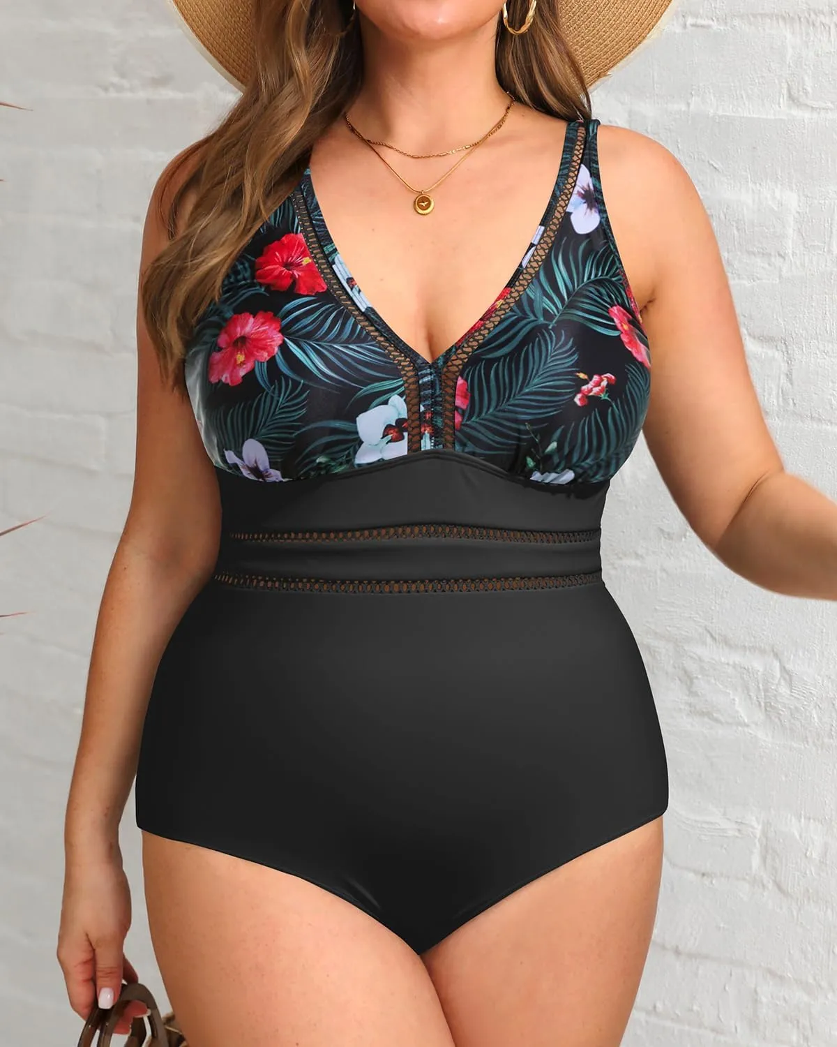 Daci Women Plus Size One Piece Swimsuits Sexy Hollow Out Bathing Suit V Neck Swimwear