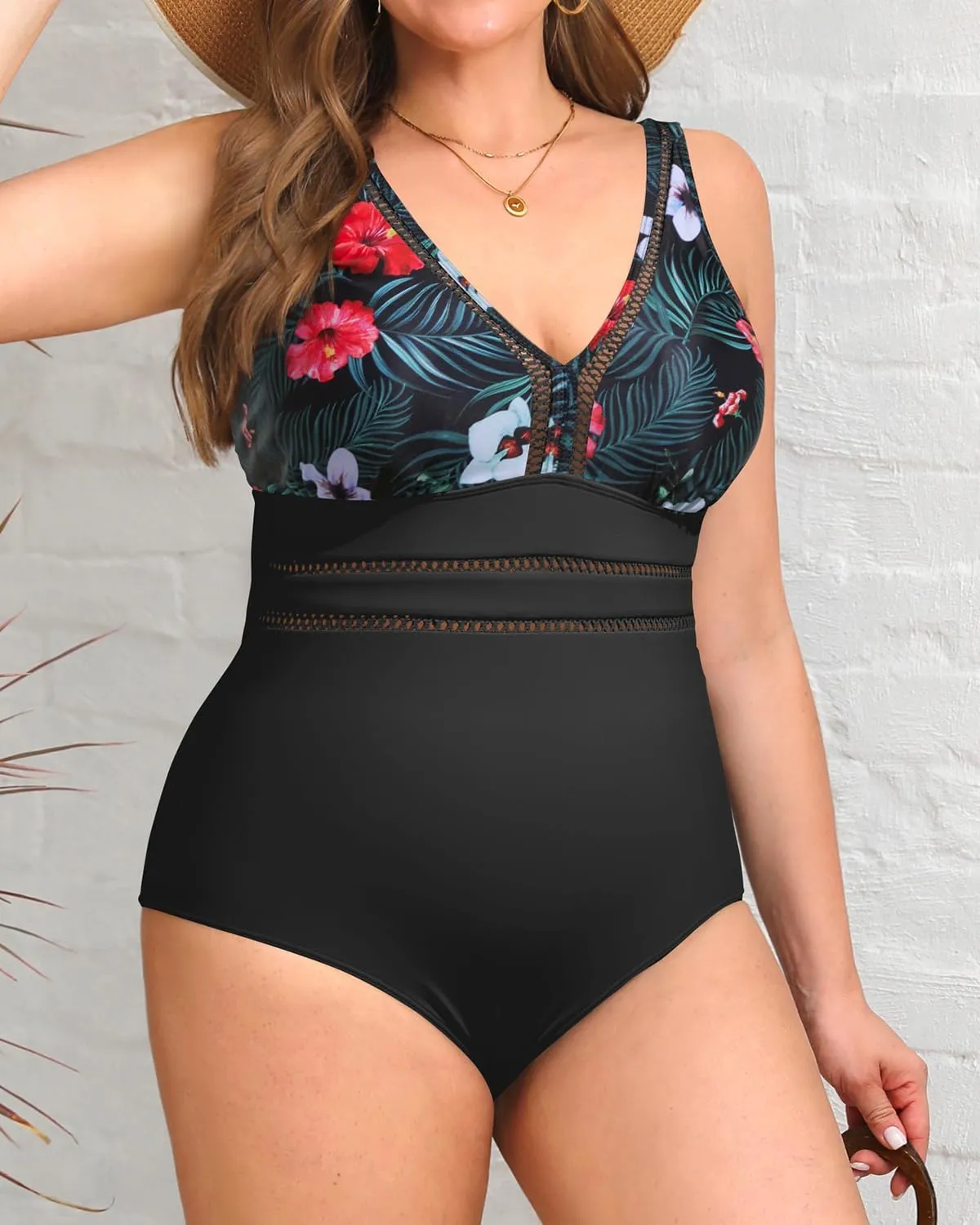 Daci Women Plus Size One Piece Swimsuits Sexy Hollow Out Bathing Suit V Neck Swimwear