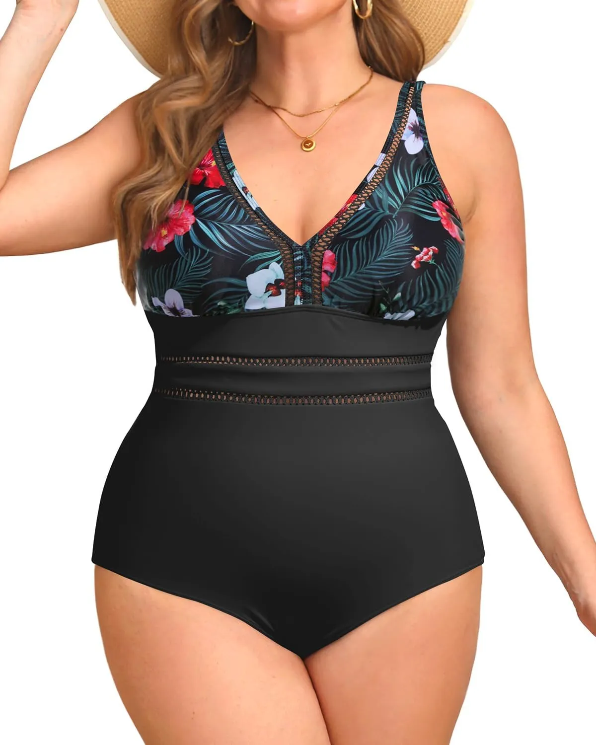 Daci Women Plus Size One Piece Swimsuits Sexy Hollow Out Bathing Suit V Neck Swimwear