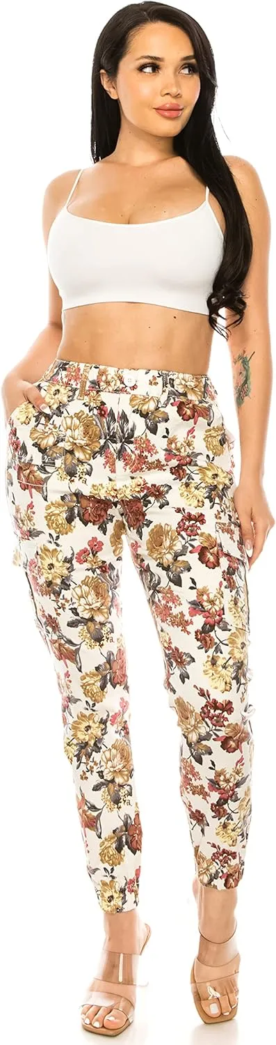 Double Denim January 5th Women's High Waist Cargo Jogger Casual Pants Floral Print Elastic Waistband Tapered with 6 Pockets