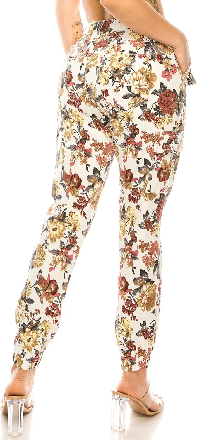 Double Denim January 5th Women's High Waist Cargo Jogger Casual Pants Floral Print Elastic Waistband Tapered with 6 Pockets