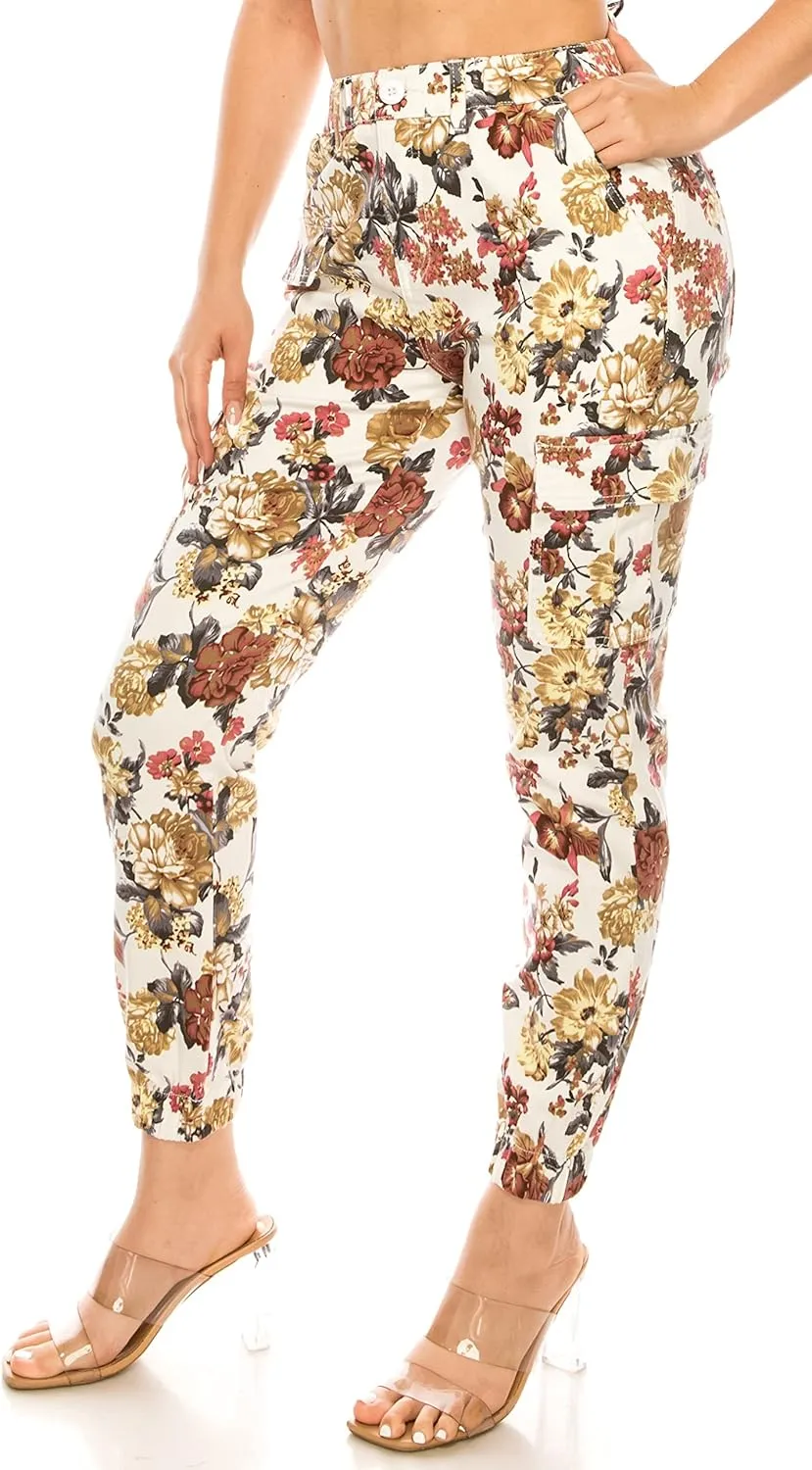 Double Denim January 5th Women's High Waist Cargo Jogger Casual Pants Floral Print Elastic Waistband Tapered with 6 Pockets