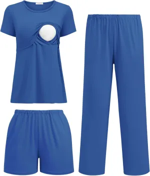 Ekouaer 3 Piece Postpartum Nursing Pajamas Set Short Sleeve Breastfeeding Shirts Pregnancy Shorts & Pants Maternity Pjs