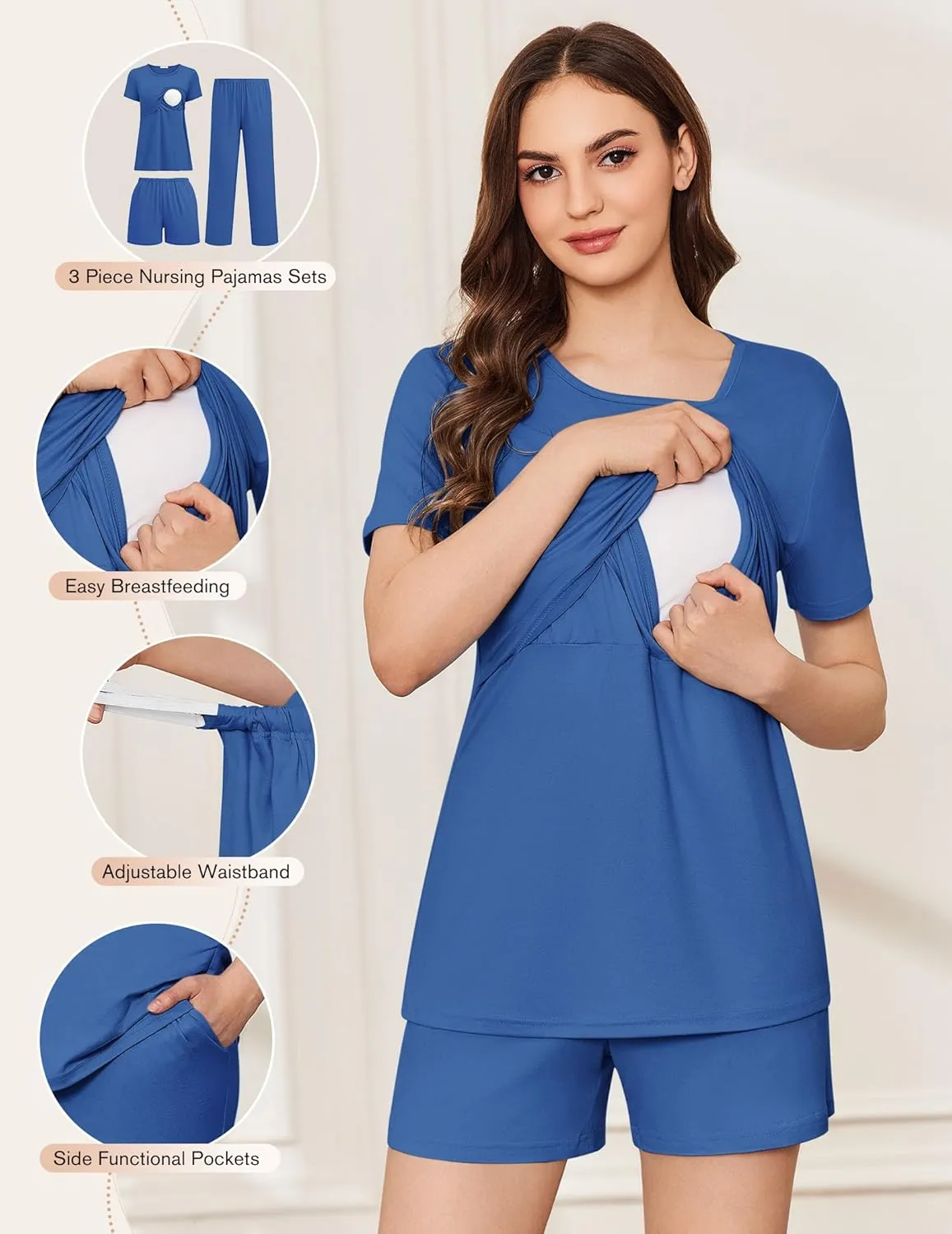 Ekouaer 3 Piece Postpartum Nursing Pajamas Set Short Sleeve Breastfeeding Shirts Pregnancy Shorts & Pants Maternity Pjs