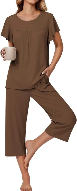 Ekouaer Capri Pajamas for Women Set Short Sleeve Lounge Set Soft Sleepwear Pullover Top and Pants