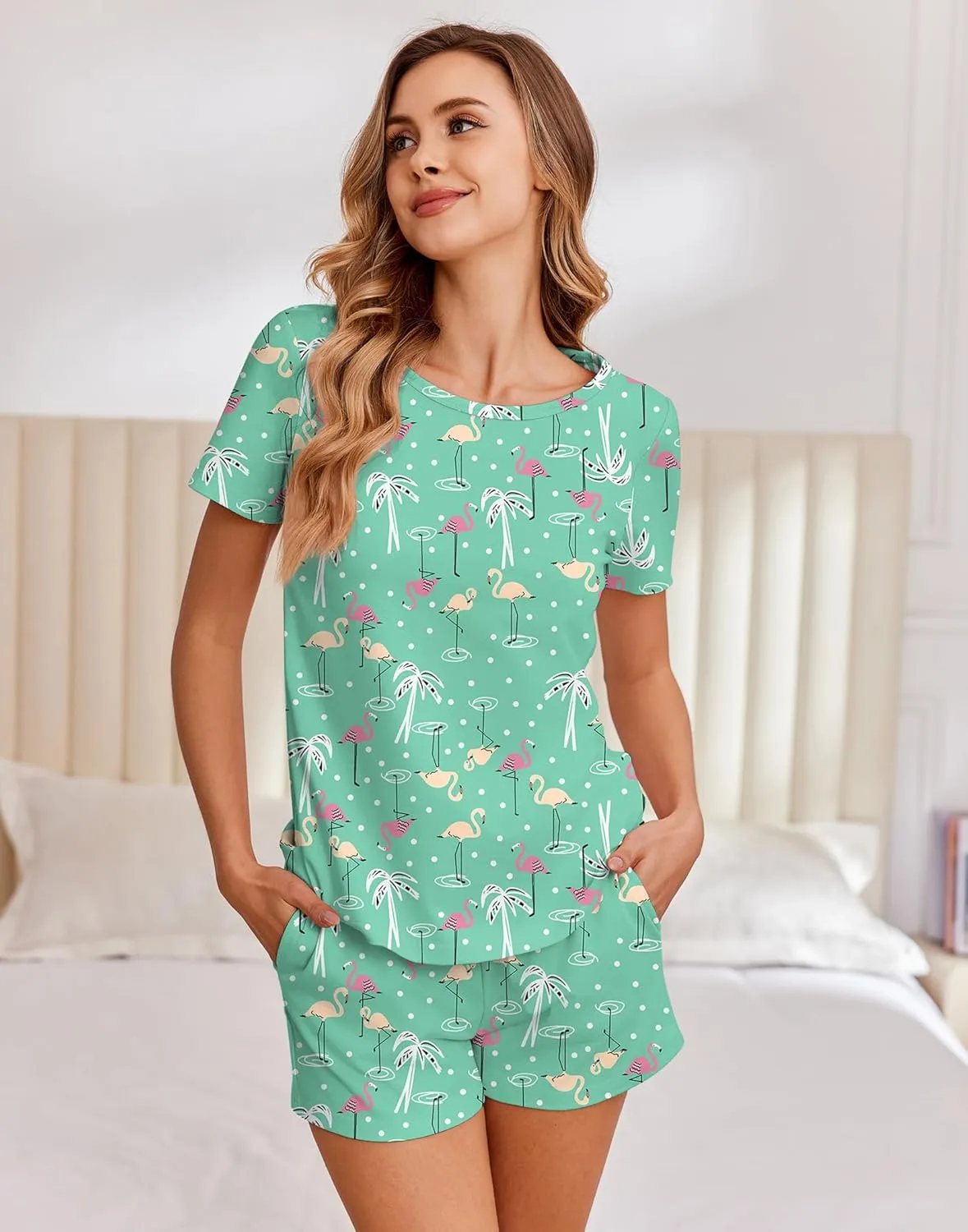 Ekouaer Cotton Pajamas for Women Set Short Sleeve Sleepwear Shorts 2 Piece Lounge Sets Soft Pjs with Pockets