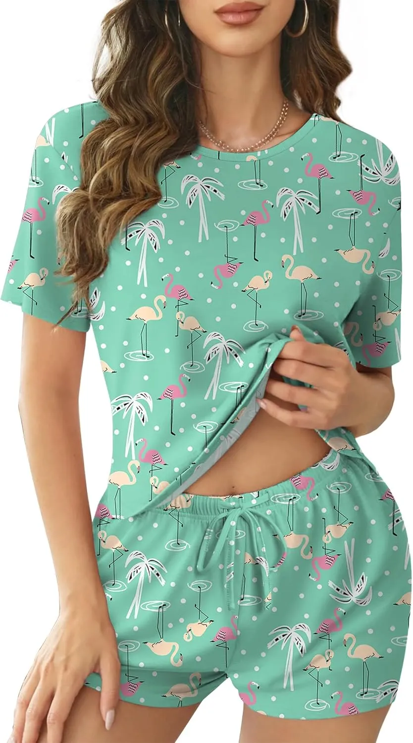 Ekouaer Cotton Pajamas for Women Set Short Sleeve Sleepwear Shorts 2 Piece Lounge Sets Soft Pjs with Pockets