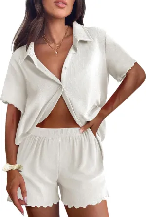 Ekouaer Womens Ribbed Knit Lounge Set Short Sleeve Button Down Top and Shorts Pajama Set 2 Piece Sleepwear Outfits Set