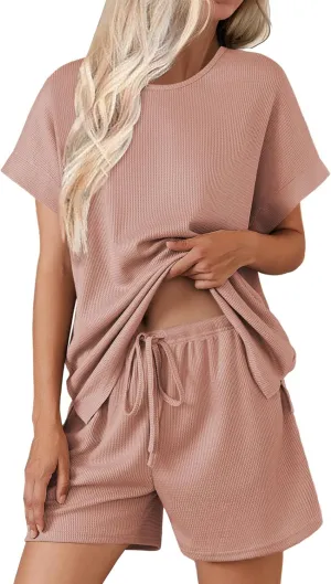 Ekouaer Womens Waffle Knit Pajama Sets Short Sleeve Top and Shorts Pj Set 2 Piece Lounge Sets With Pockets