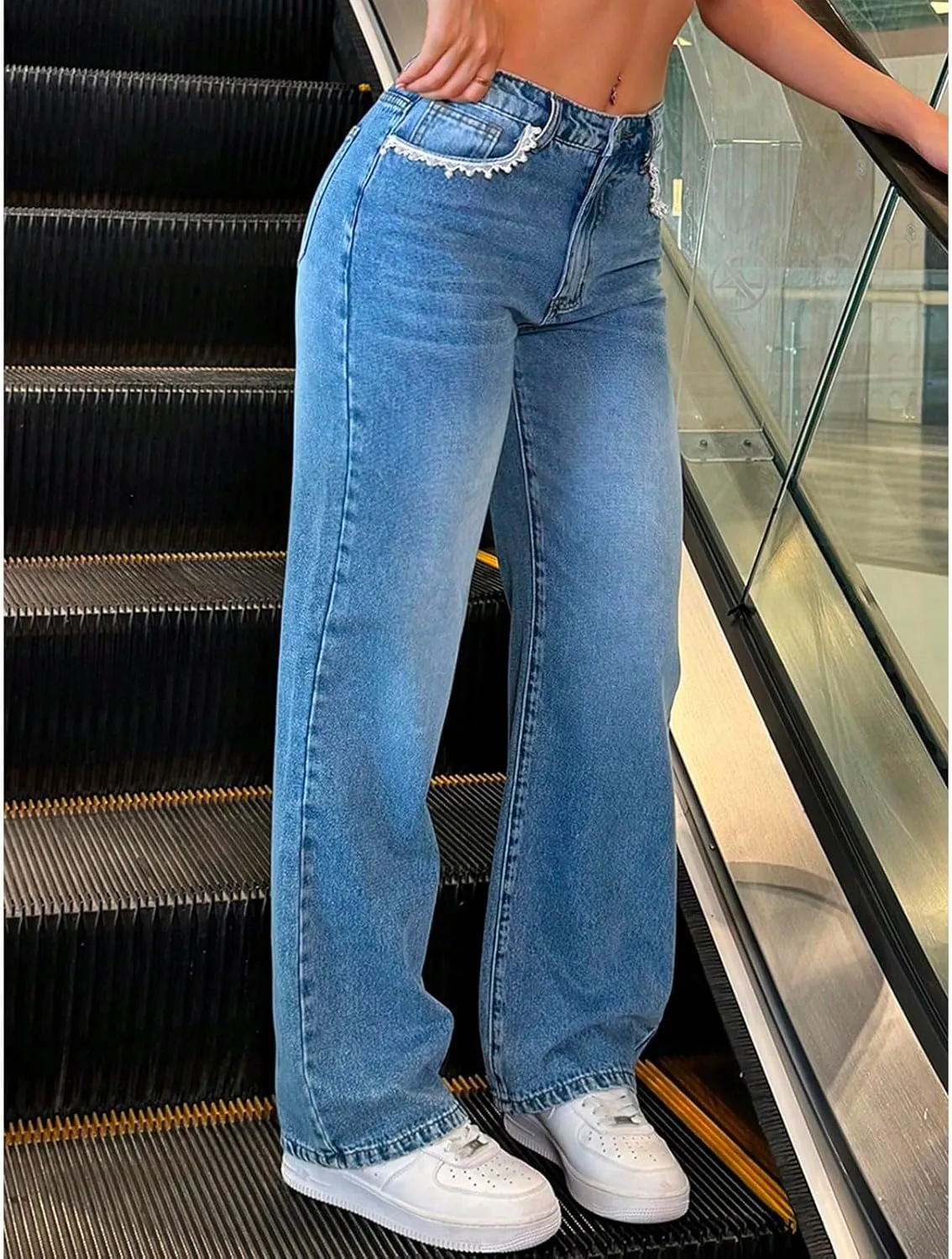 fanmpghleoo Wide Straight Leg Jeans for Women Trendy Baggy High Waisted Jeans Summer Casual Light Denim Trousers with Pockets