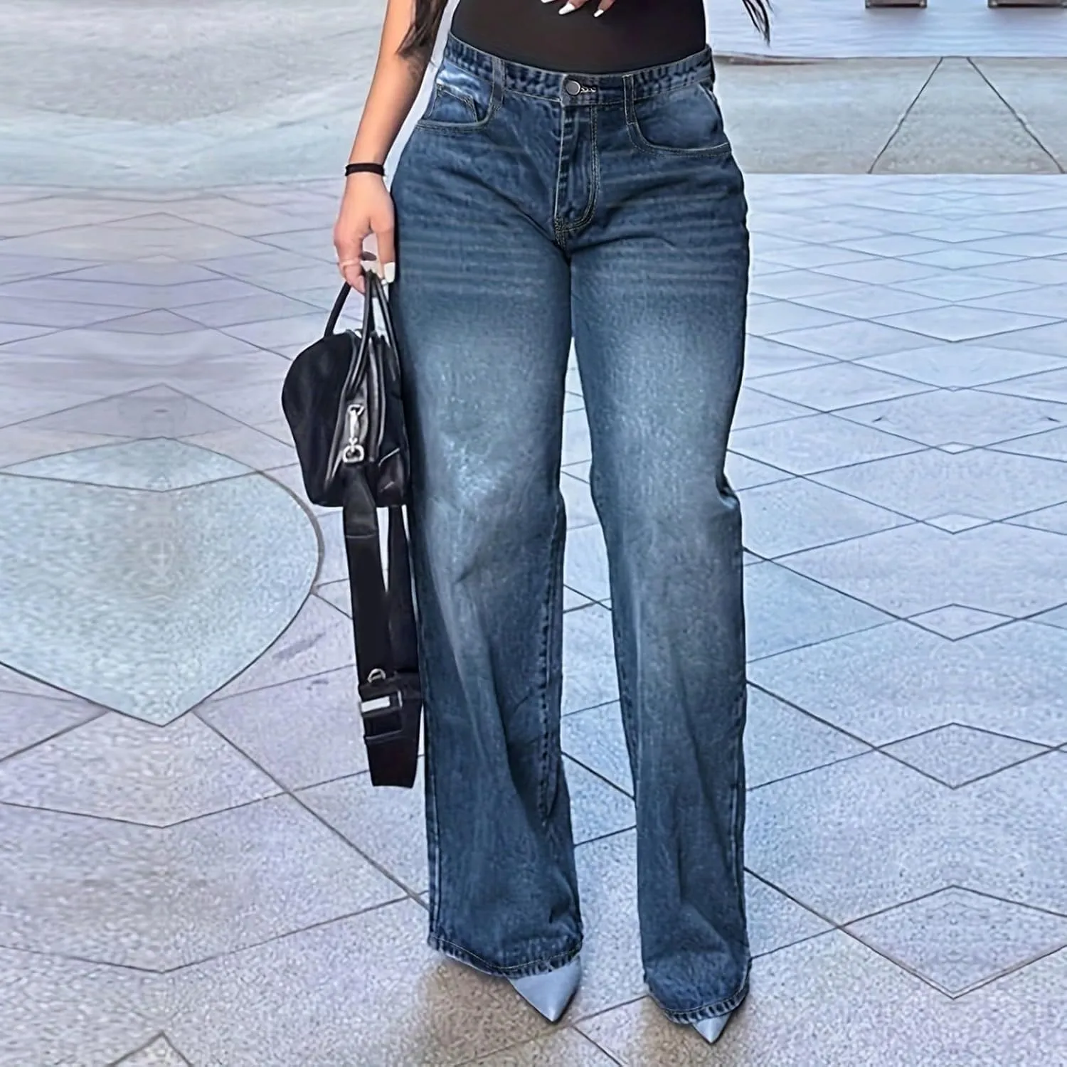 fanmpghleoo Wide Straight Leg Jeans for Women Trendy Baggy High Waisted Jeans Summer Casual Light Denim Trousers with Pockets
