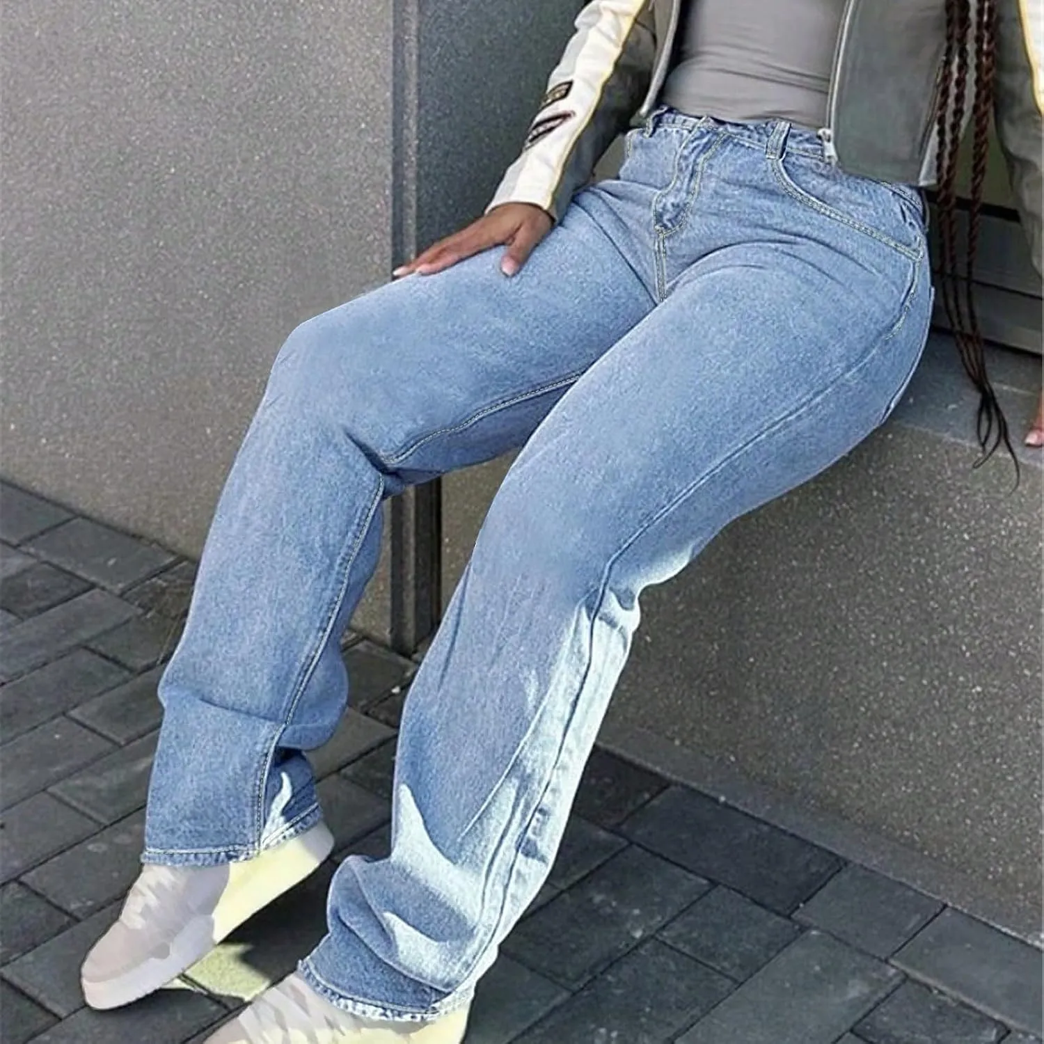 fanmpghleoo Wide Straight Leg Jeans for Women Trendy Baggy High Waisted Jeans Summer Casual Light Denim Trousers with Pockets
