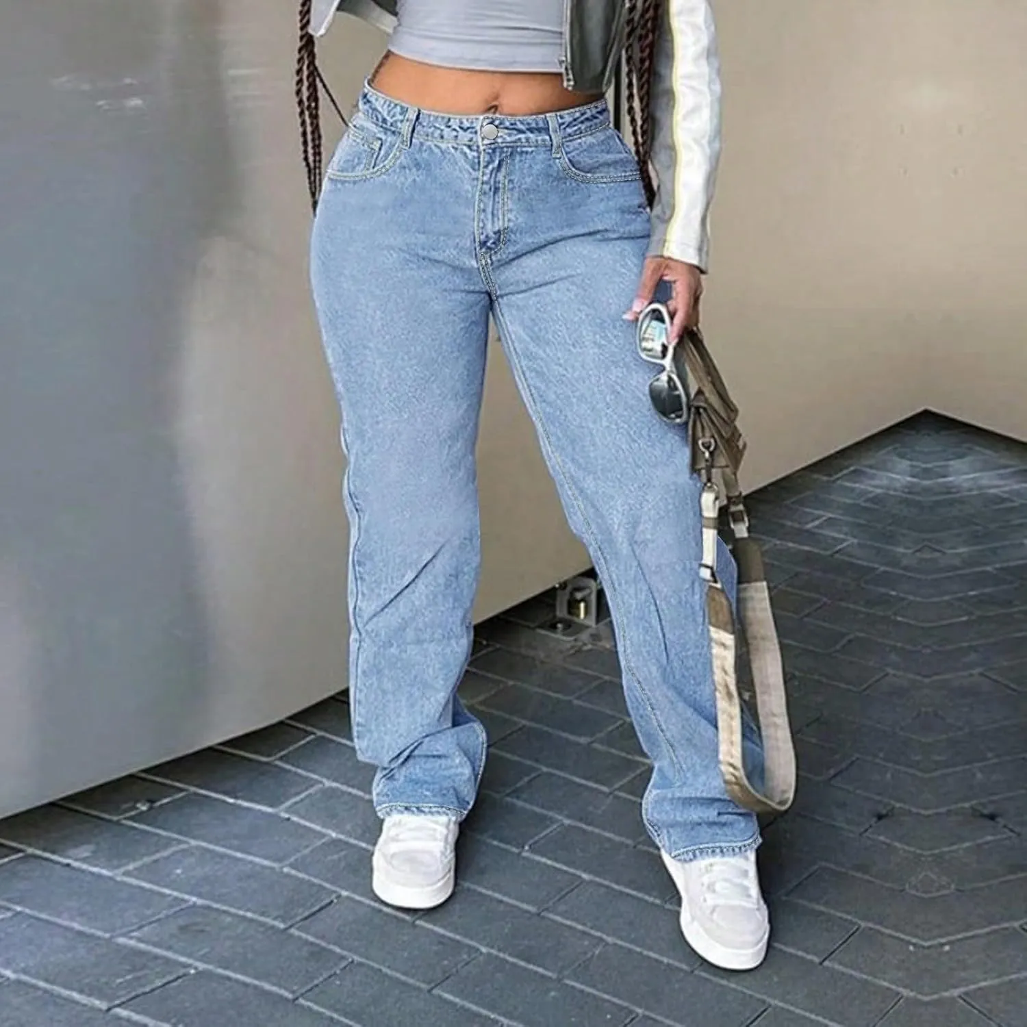 fanmpghleoo Wide Straight Leg Jeans for Women Trendy Baggy High Waisted Jeans Summer Casual Light Denim Trousers with Pockets