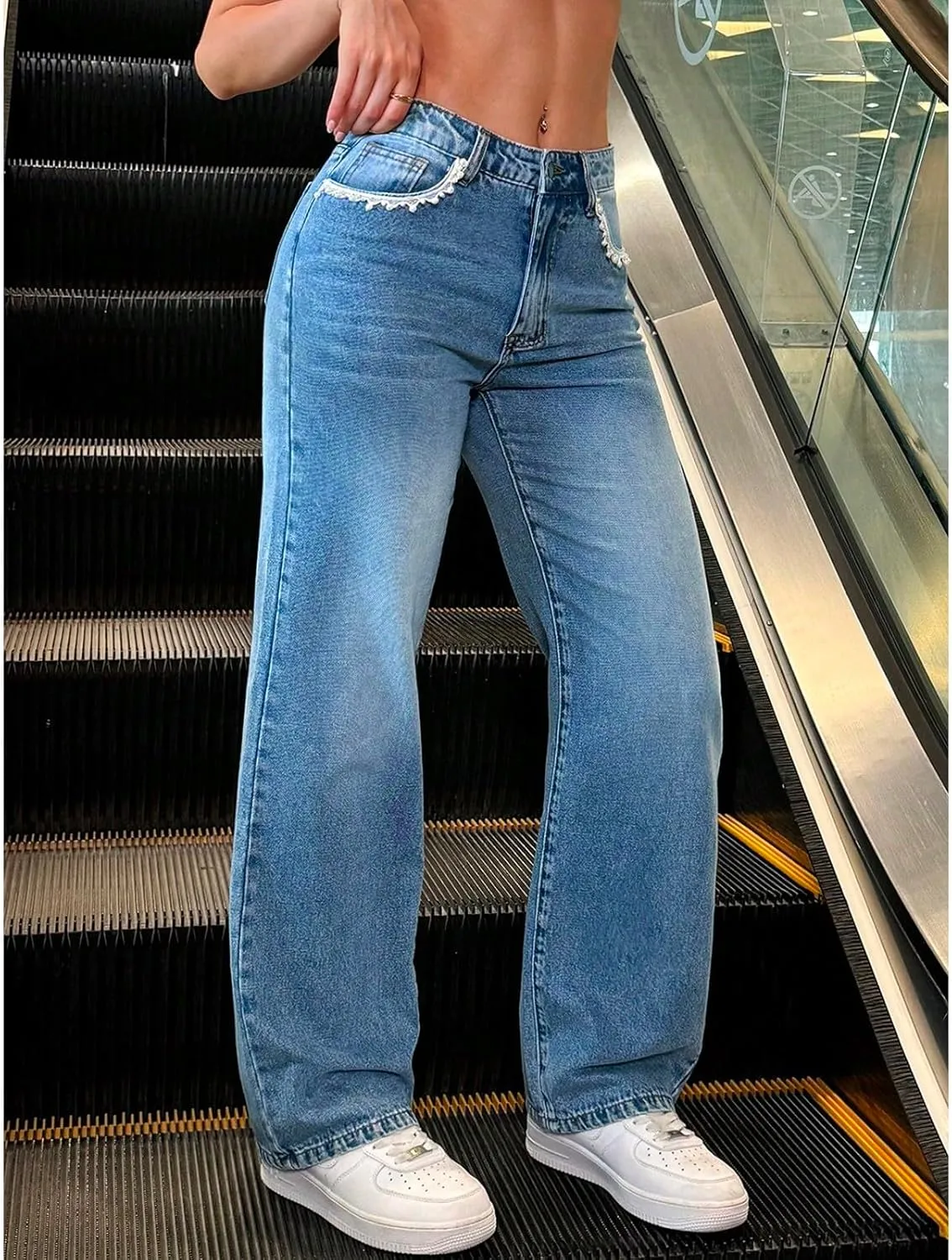 fanmpghleoo Wide Straight Leg Jeans for Women Trendy Baggy High Waisted Jeans Summer Casual Light Denim Trousers with Pockets