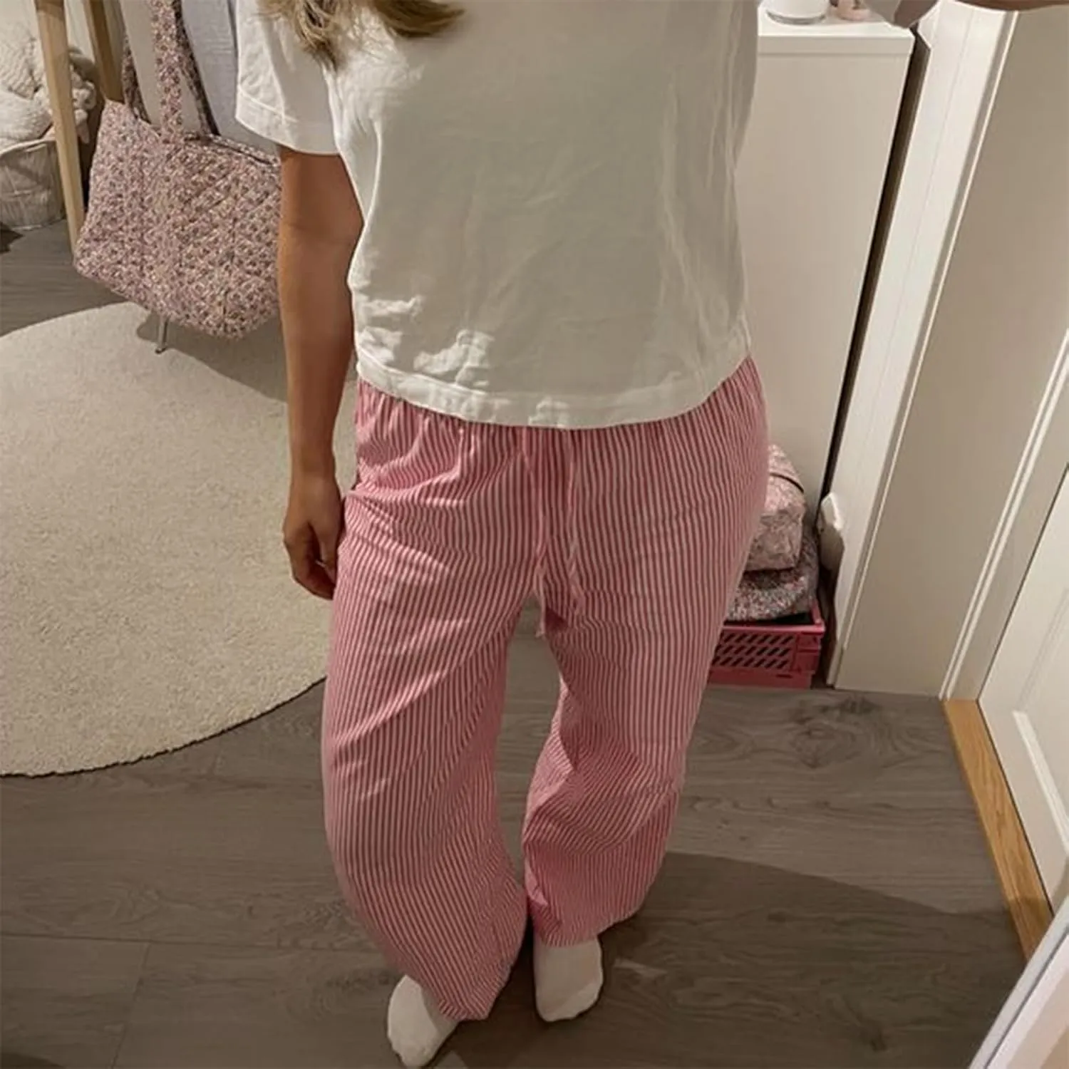 Faretumiya Striped Long Pants Women Elastic Straight Wide Leg Pants Y2k Causal Lounge Drawstring Stripe Trousers Pajama Pant